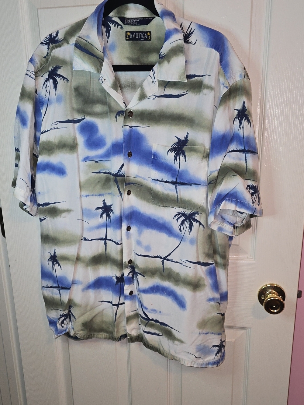 Nautica White, Blue & Olive Palm-Print Short Sleeve Button-Down